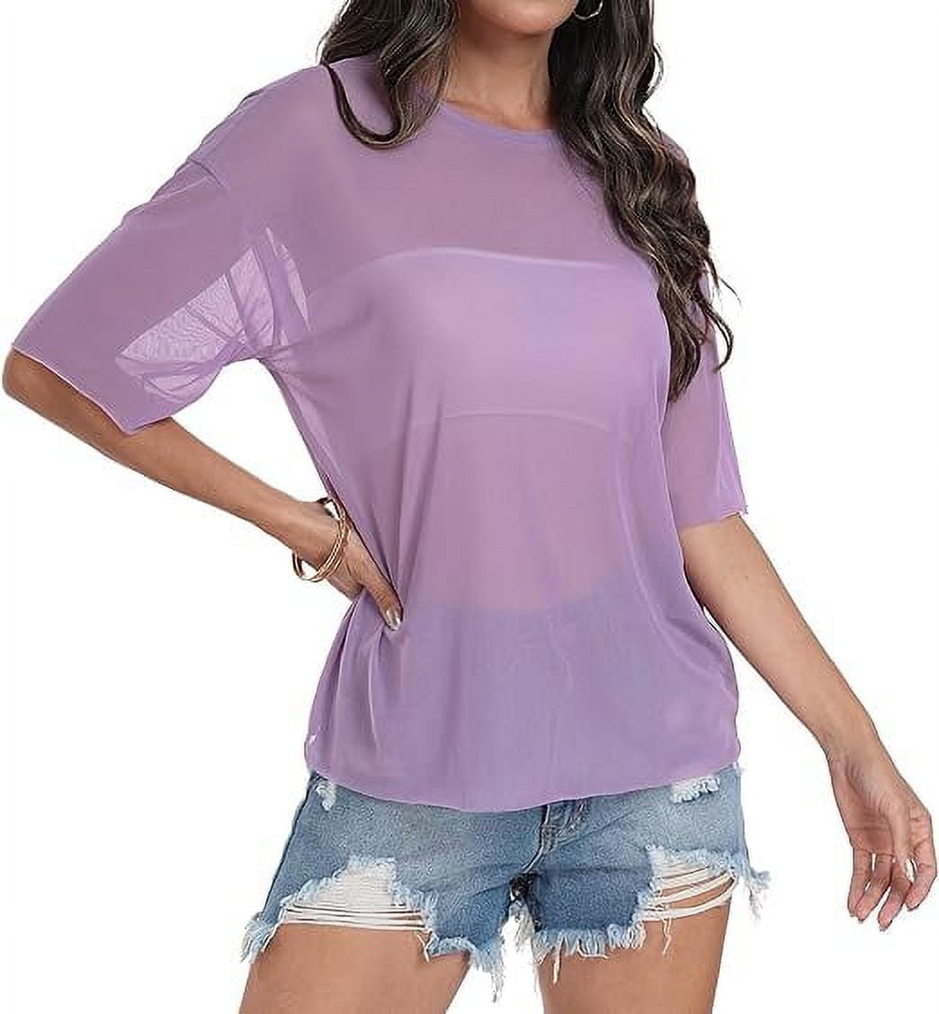 Aiyino Women's See Through Mesh Sheer Blouse Sexy T Shirt Blouse Summer Short Sleeve Round Neck Loose Tops Tee,S Purple